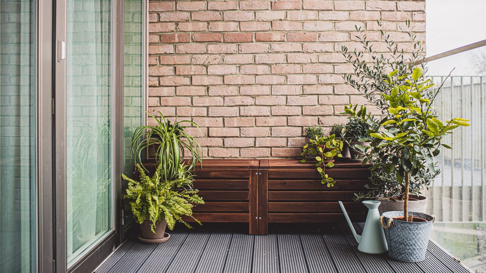 Several pots filled with leafy plants are placed on a porch against a brick wall, soaking up the sunlight near a wooden bench.